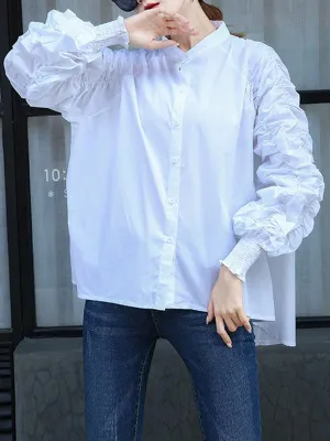 High-Low Puff Sleeves Elasticity Pleated Solid Color Split-Joint Round-Neck Blouses