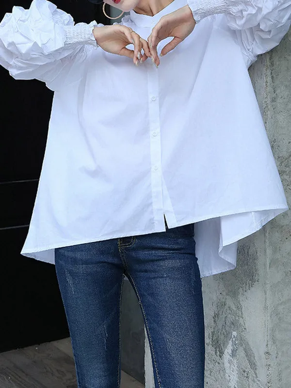 High-Low Puff Sleeves Elasticity Pleated Solid Color Split-Joint Round-Neck Blouses