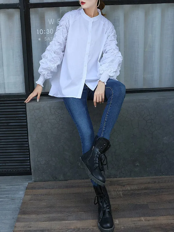 High-Low Puff Sleeves Elasticity Pleated Solid Color Split-Joint Round-Neck Blouses
