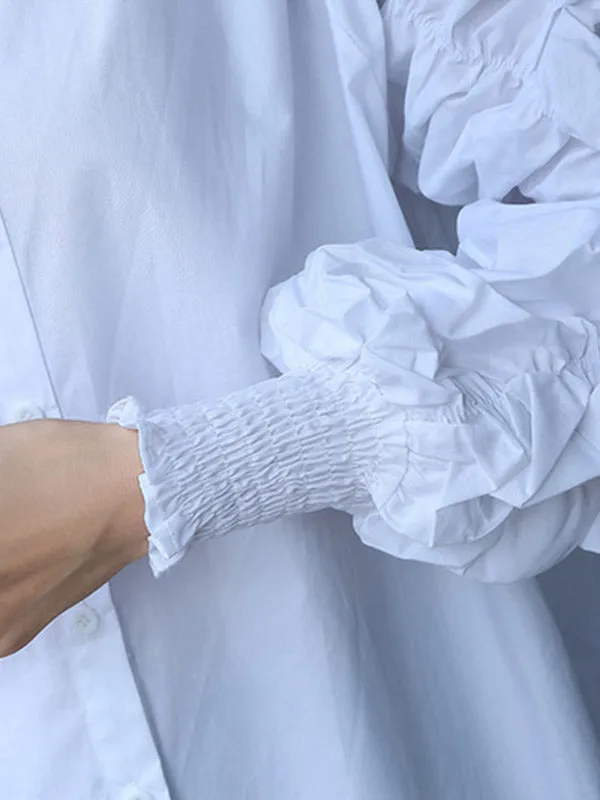 High-Low Puff Sleeves Elasticity Pleated Solid Color Split-Joint Round-Neck Blouses