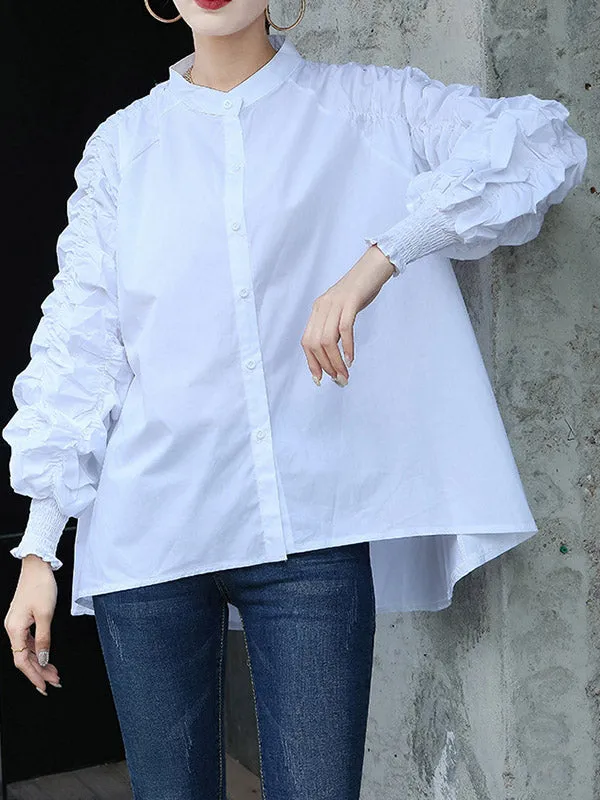 High-Low Puff Sleeves Elasticity Pleated Solid Color Split-Joint Round-Neck Blouses