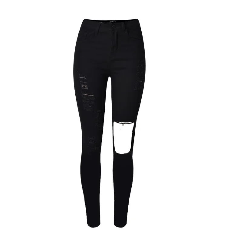 High Waist Ripped Elastic Slim Holes Jeans