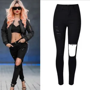 High Waist Ripped Elastic Slim Holes Jeans