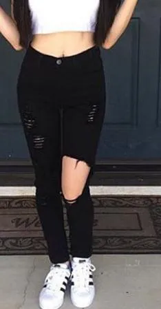 High Waist Ripped Elastic Slim Holes Jeans