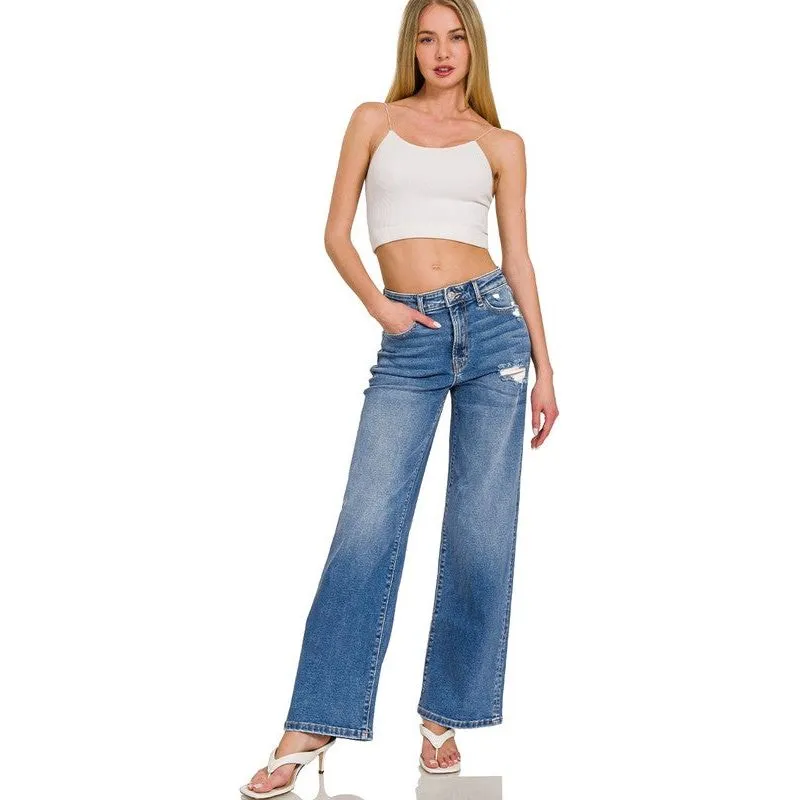HIGH WAIST STRAIGHT LEG MEDIUM WASH DENIM PANTS