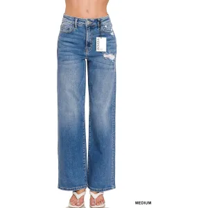 HIGH WAIST STRAIGHT LEG MEDIUM WASH DENIM PANTS