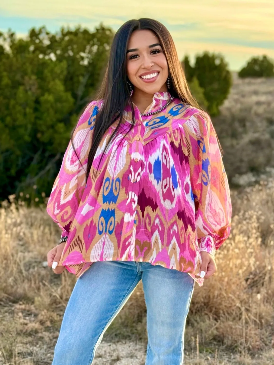 Hollyn Abstract Print Button Up Blouse