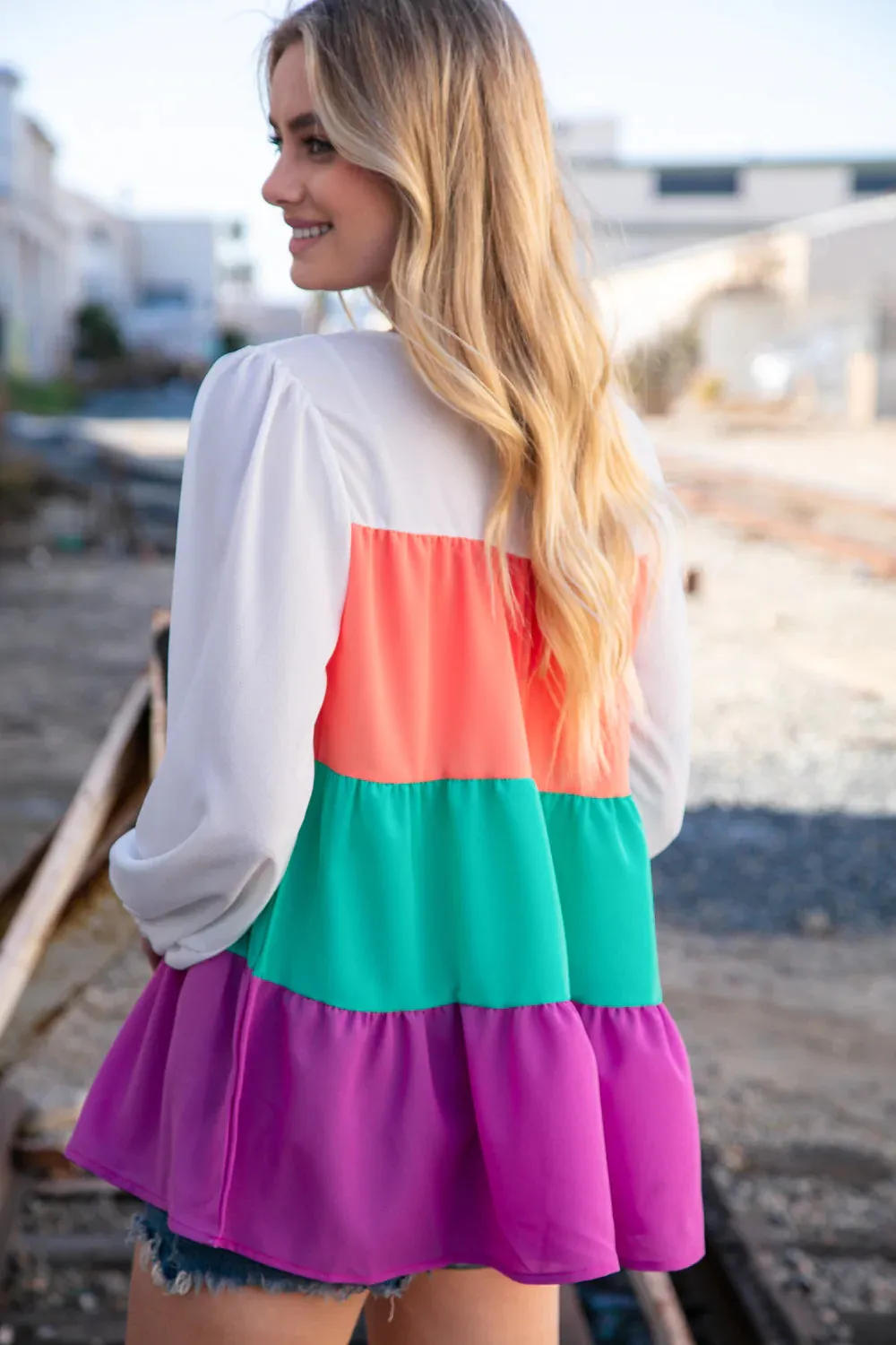 Ivory Peach Mint Purple Crepe Color Block Tiered Blouse