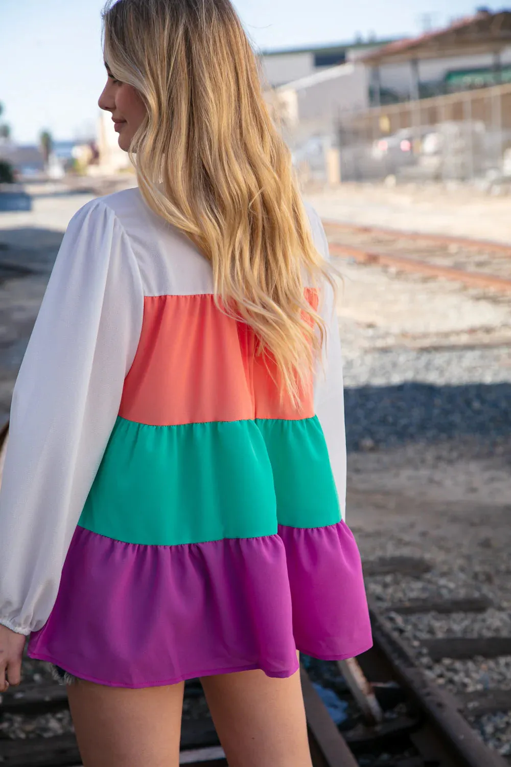 Ivory Peach Mint Purple Crepe Color Block Tiered Blouse