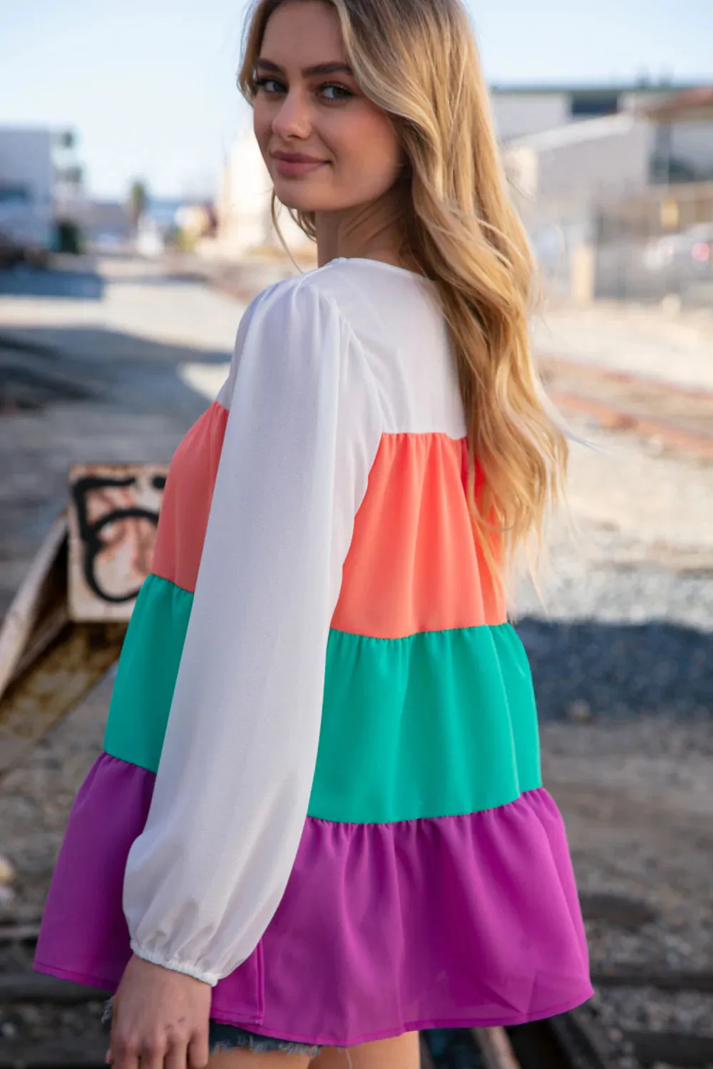 Ivory Peach Mint Purple Crepe Color Block Tiered Blouse