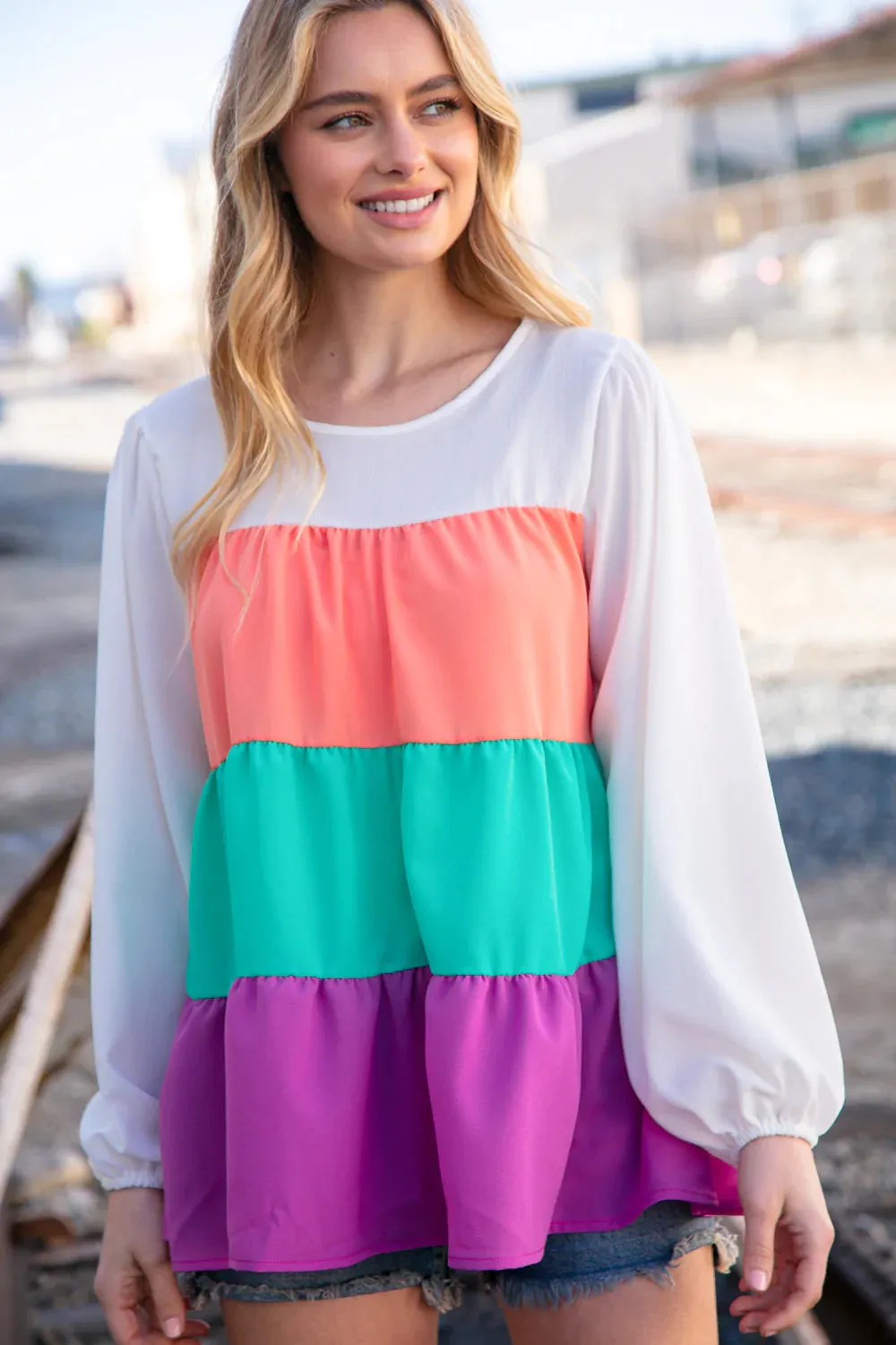 Ivory Peach Mint Purple Crepe Color Block Tiered Blouse