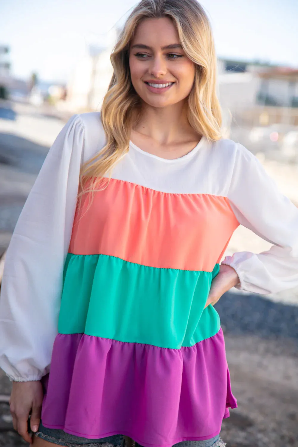 Ivory Peach Mint Purple Crepe Color Block Tiered Blouse