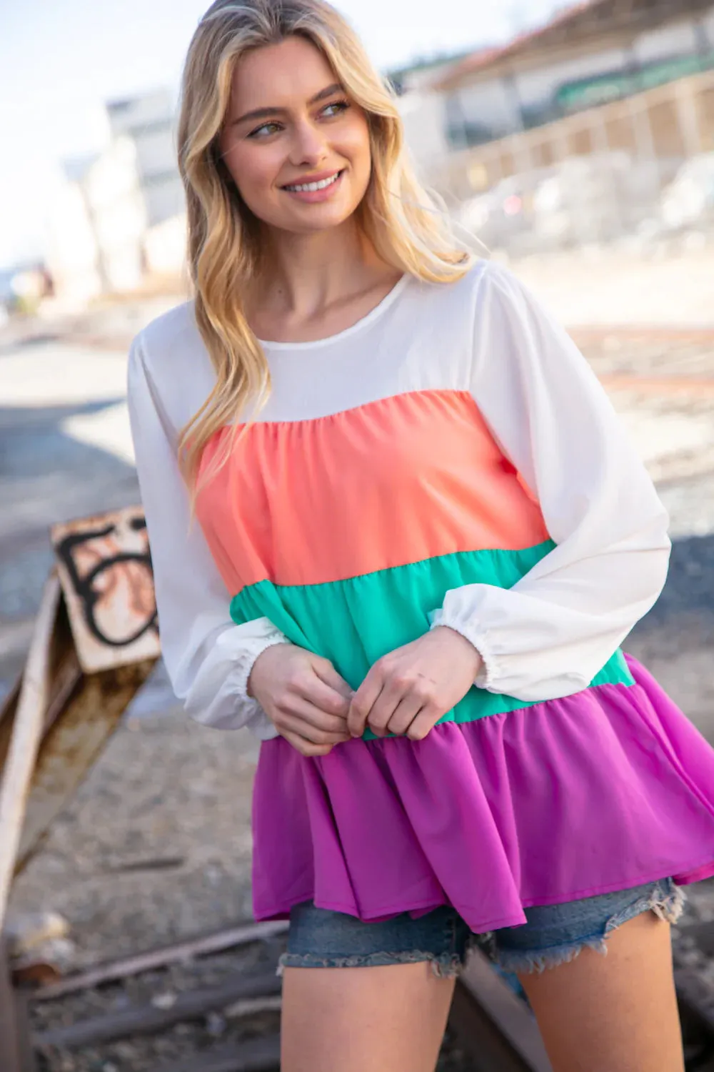 Ivory Peach Mint Purple Crepe Color Block Tiered Blouse