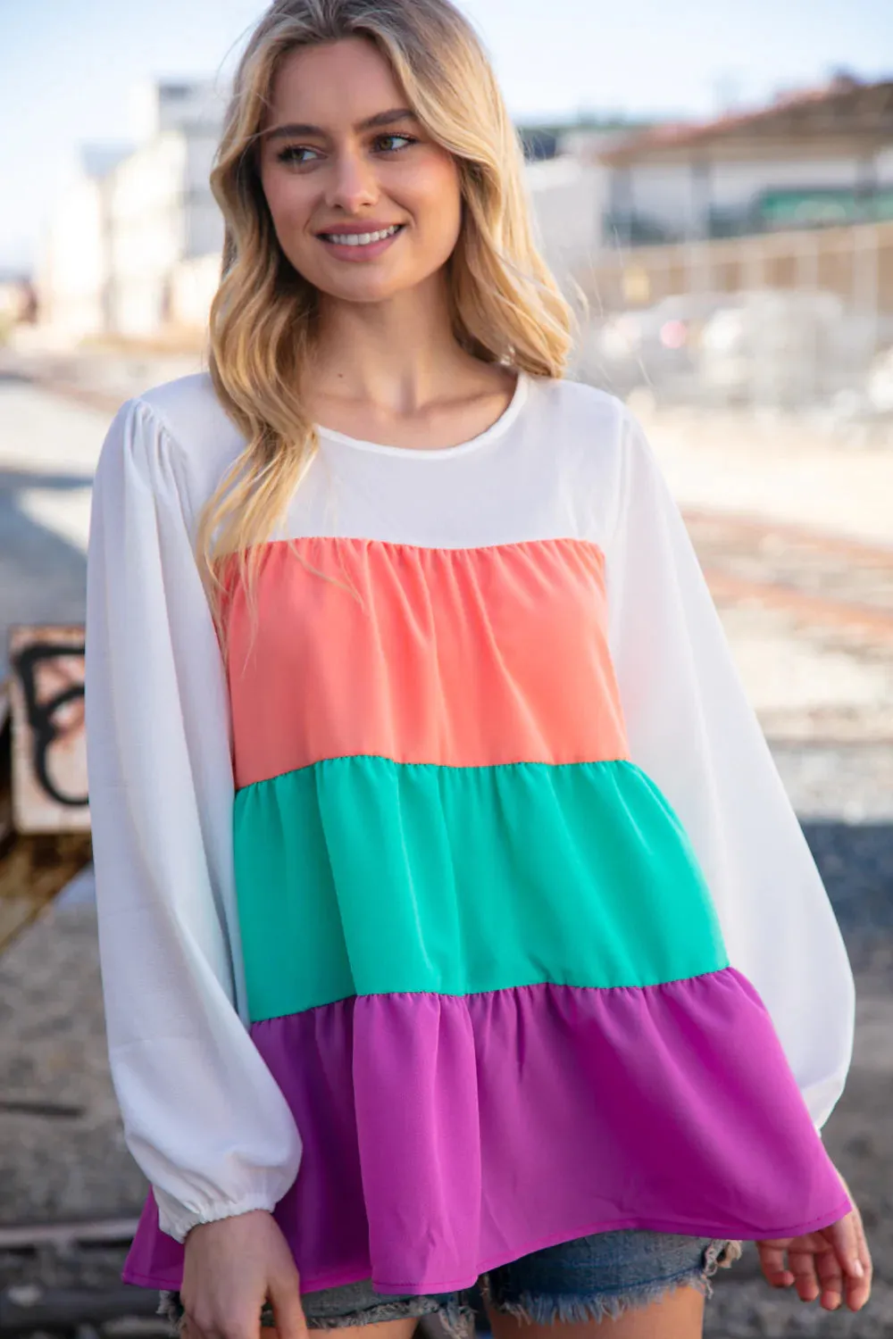 Ivory Peach Mint Purple Crepe Color Block Tiered Blouse