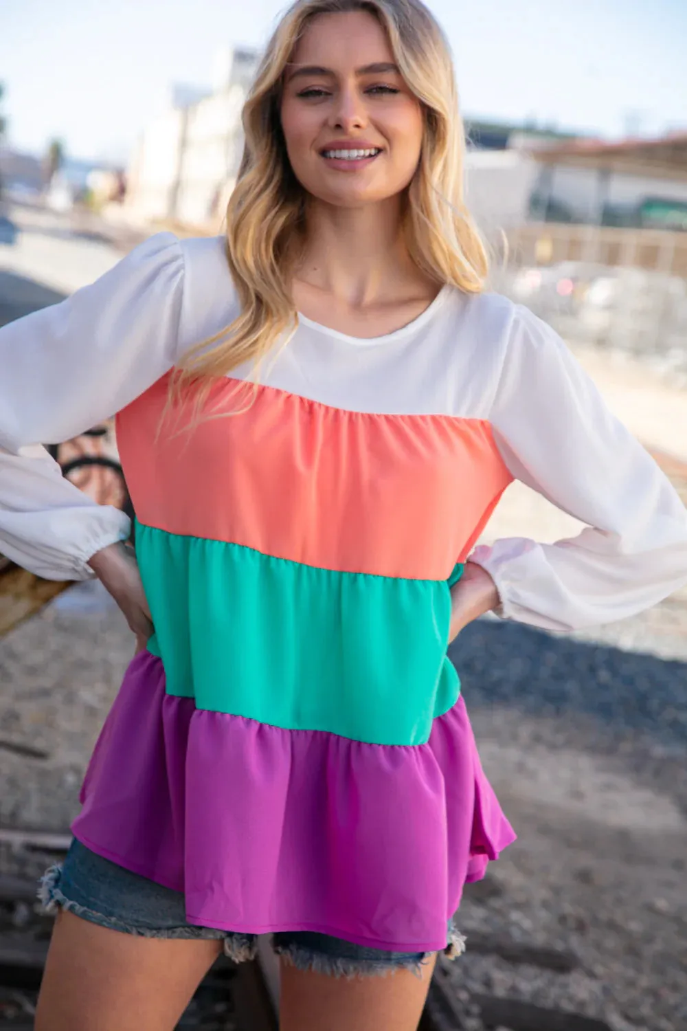 Ivory Peach Mint Purple Crepe Color Block Tiered Blouse