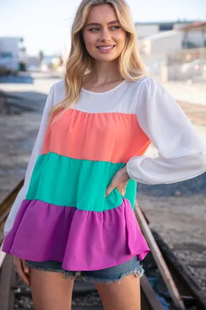 Ivory Peach Mint Purple Crepe Color Block Tiered Blouse