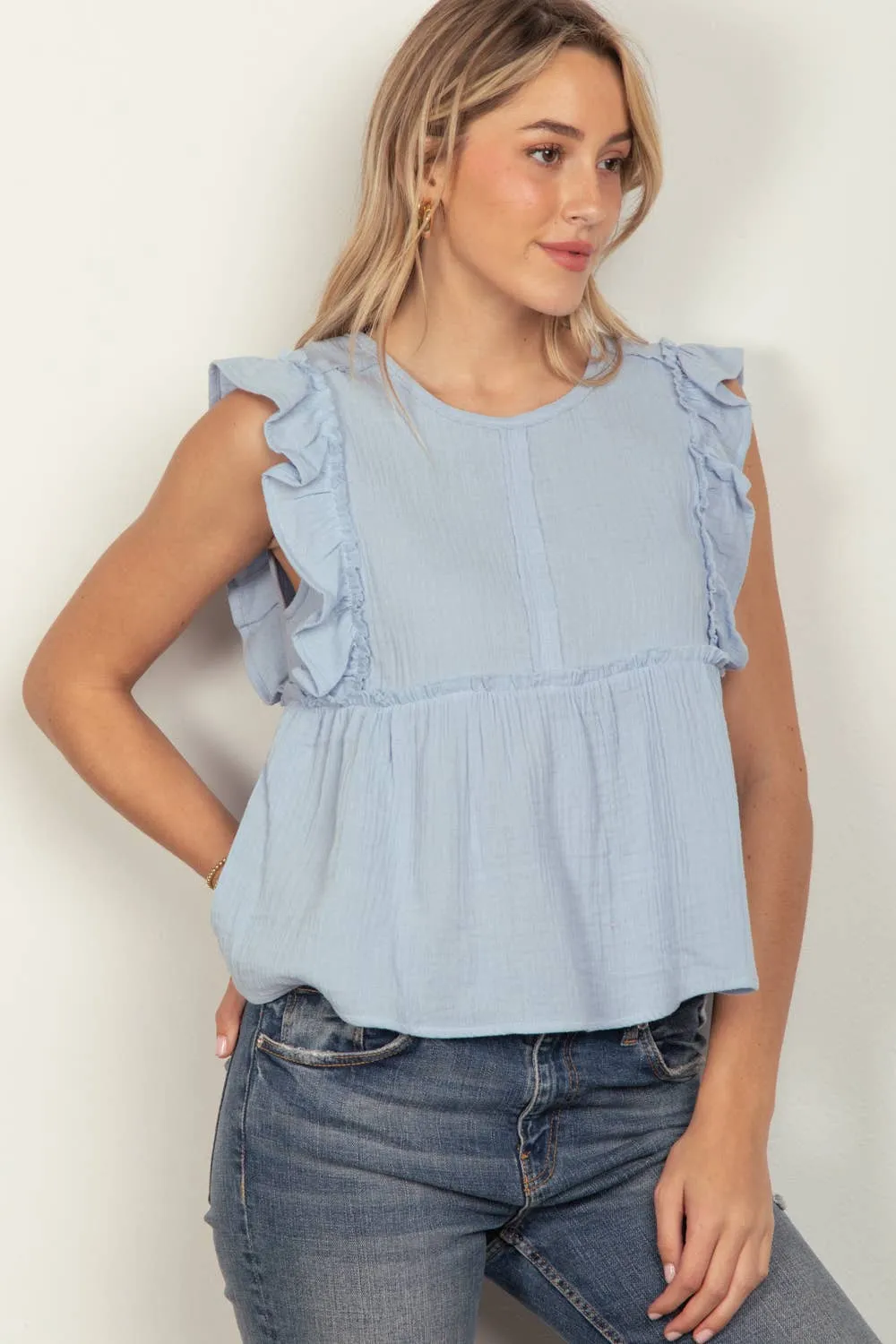 Just For You Ruffle Sleeve Babydoll Cotton Gauze Top