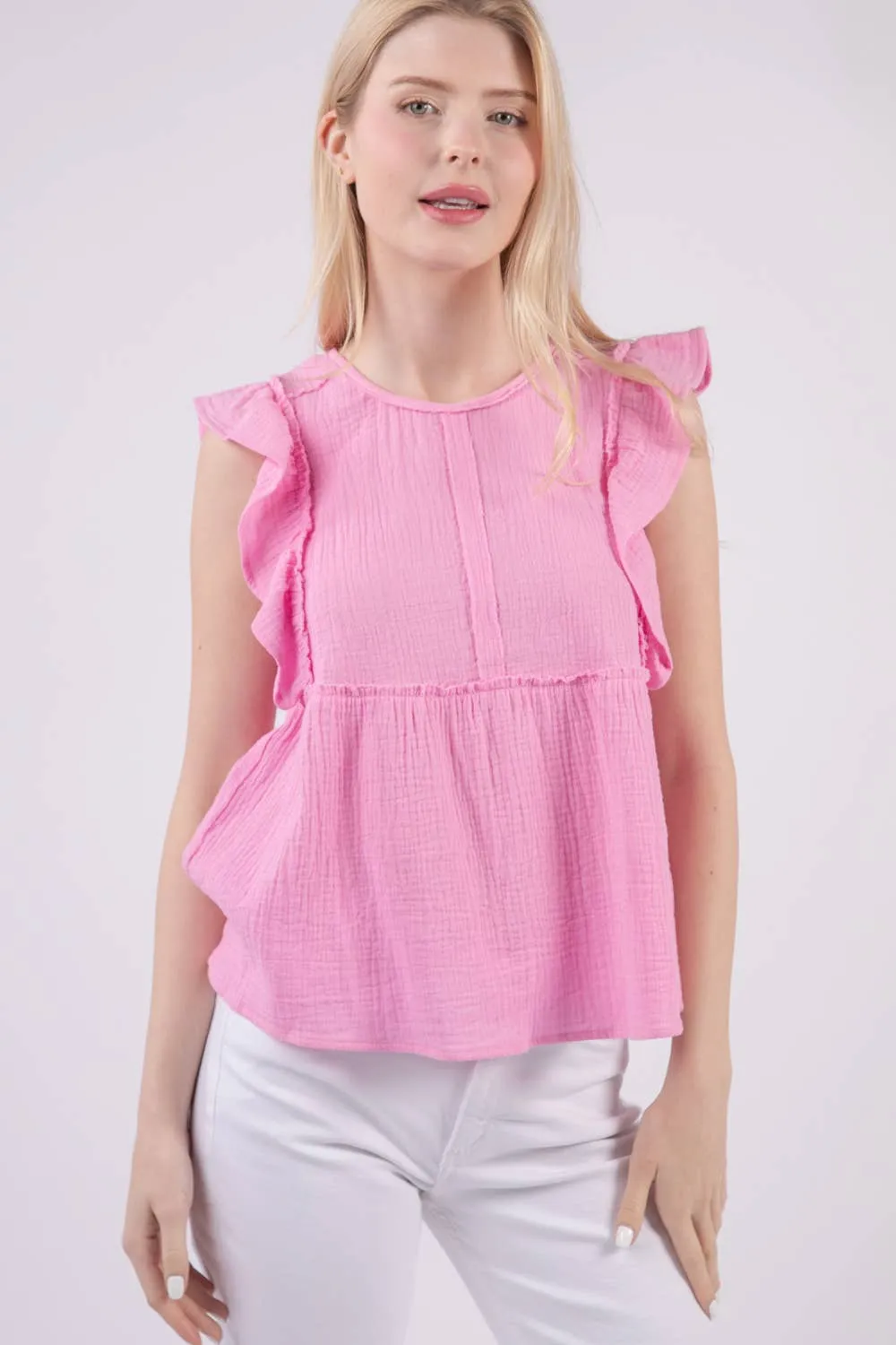 Just For You Ruffle Sleeve Babydoll Cotton Gauze Top