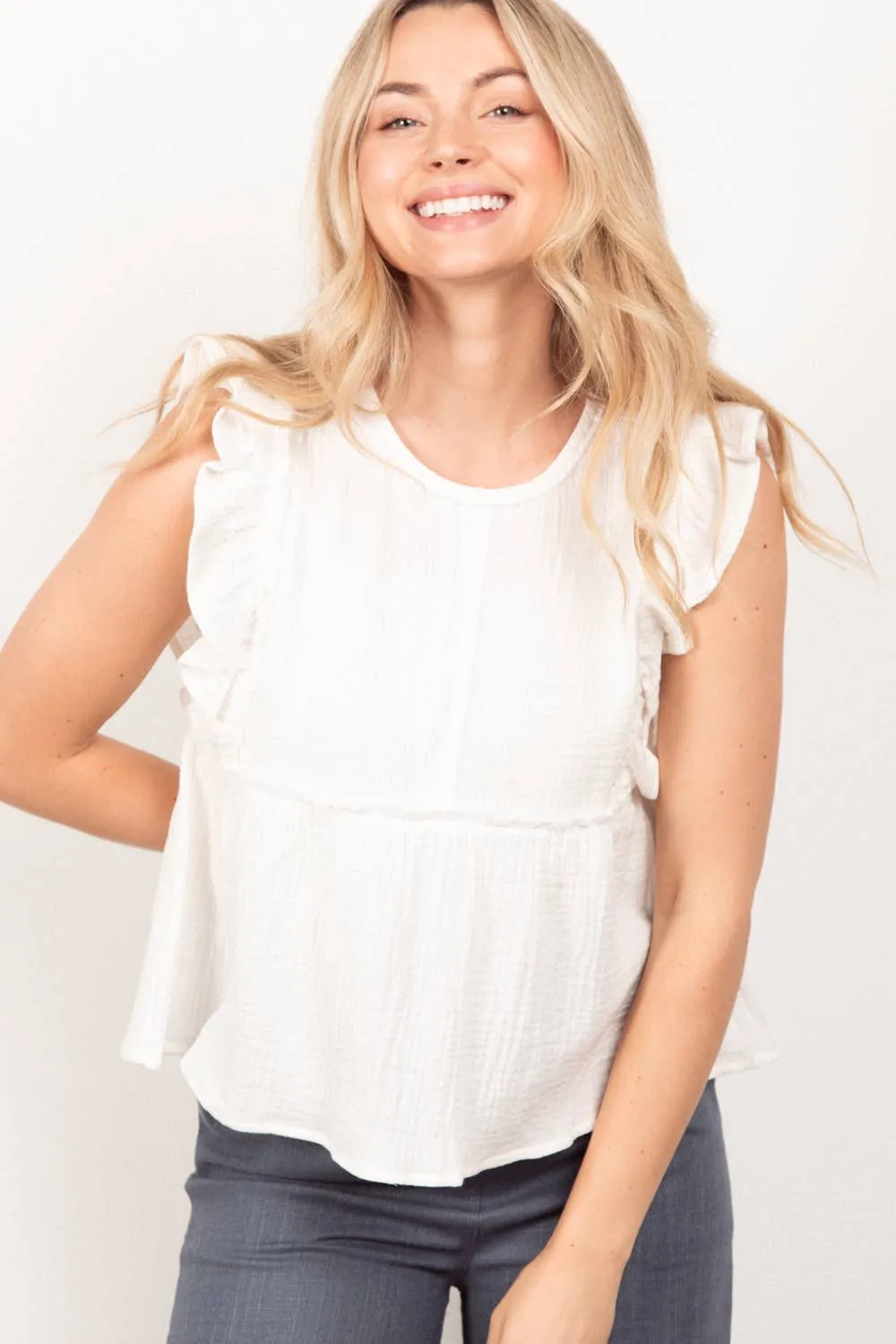 Just For You Ruffle Sleeve Babydoll Cotton Gauze Top