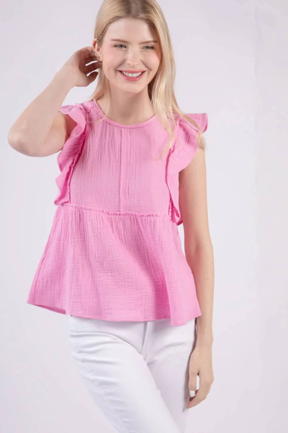 Just For You Ruffle Sleeve Babydoll Cotton Gauze Top