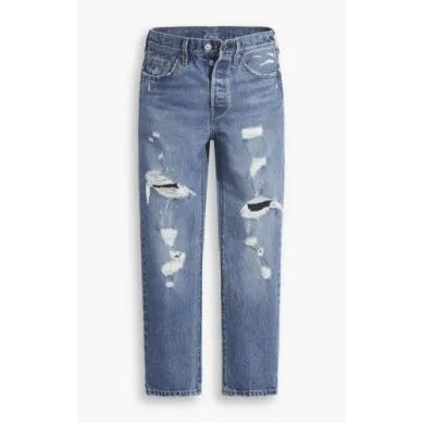 Levi Women's 501 High Rise Straight Cropped Jeans - Dark Indigo Destructed