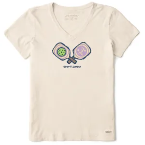 Life is Good. Women's Keep it Simple Pickleball Short Sleeve Crusher Vee, Putty White