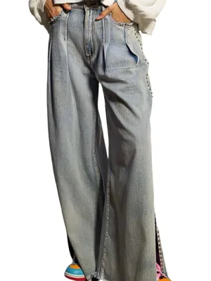 Light blue open wide leg spikes jeans