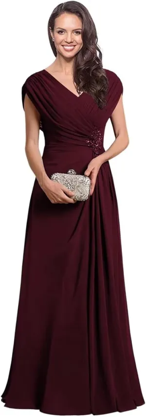 Long Mother of The Bride Dresses for Women Modest Ruched Formal Evening Gown Sequin V Neck Wedding Guest Dress