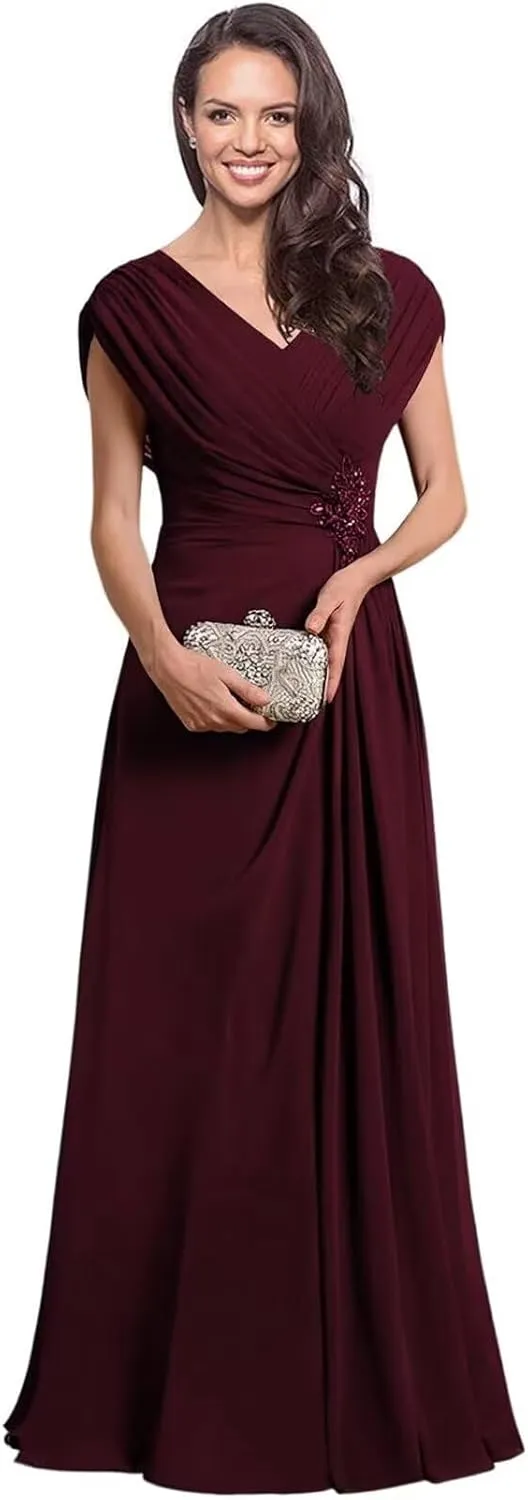 Long Mother of The Bride Dresses for Women Modest Ruched Formal Evening Gown Sequin V Neck Wedding Guest Dress