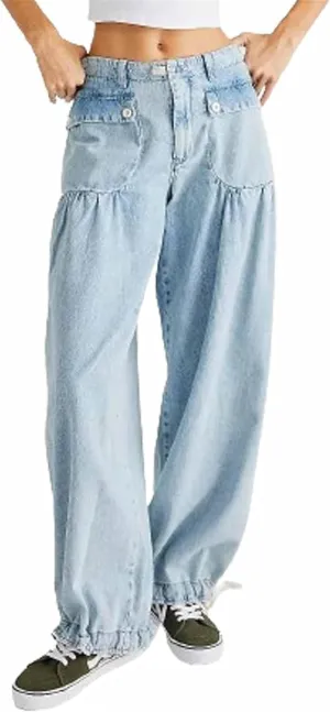 Lotus Tube Jeans, Freelady Lotus Jeans Barrel Jeans Women Casual Loose Fitting Mid Waist Ruffle Jeans