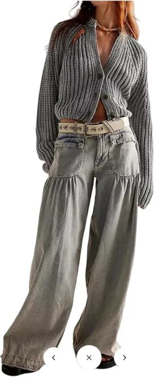 Lotus Tube Jeans, Freelady Lotus Jeans Barrel Jeans Women Casual Loose Fitting Mid Waist Ruffle Jeans