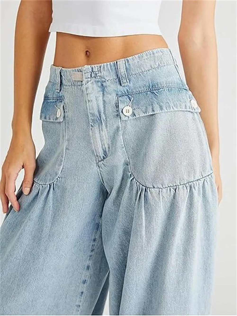 Lotus Tube Jeans, Freelady Lotus Jeans Barrel Jeans Women Casual Loose Fitting Mid Waist Ruffle Jeans