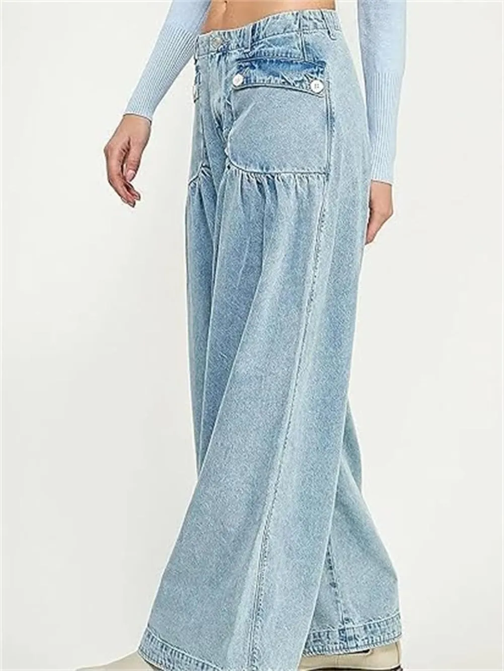 Lotus Tube Jeans, Freelady Lotus Jeans Barrel Jeans Women Casual Loose Fitting Mid Waist Ruffle Jeans