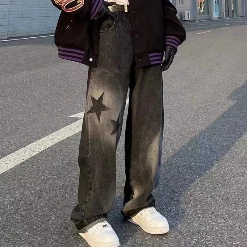 LVSANW Washed Star Pattern baggy jeans High Street Loose Straight Women's pants Summer Casual Street Hip Hop Women Jeans 2024 y2k pants