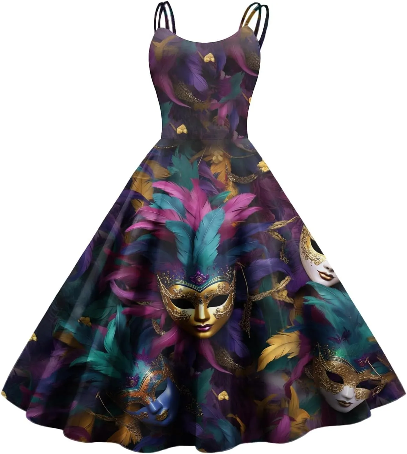 Mardi Gras Dress for Women Carnival Print Sexy Spaghetti Strap Cocktail Dress Punk Vintage Swing A-Line Midi Dress
