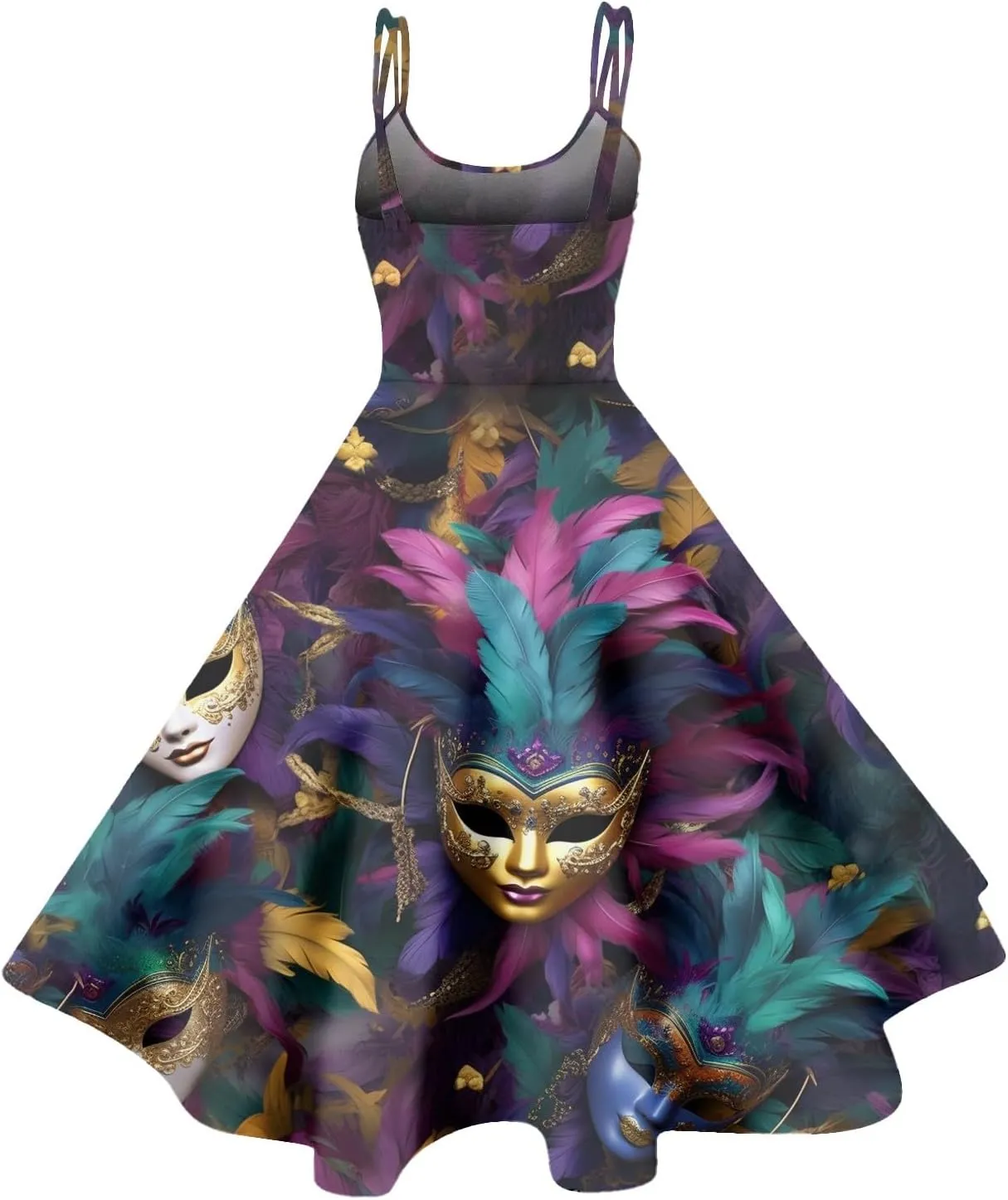 Mardi Gras Dress for Women Carnival Print Sexy Spaghetti Strap Cocktail Dress Punk Vintage Swing A-Line Midi Dress