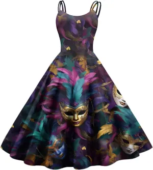 Mardi Gras Dress for Women Carnival Print Sexy Spaghetti Strap Cocktail Dress Punk Vintage Swing A-Line Midi Dress