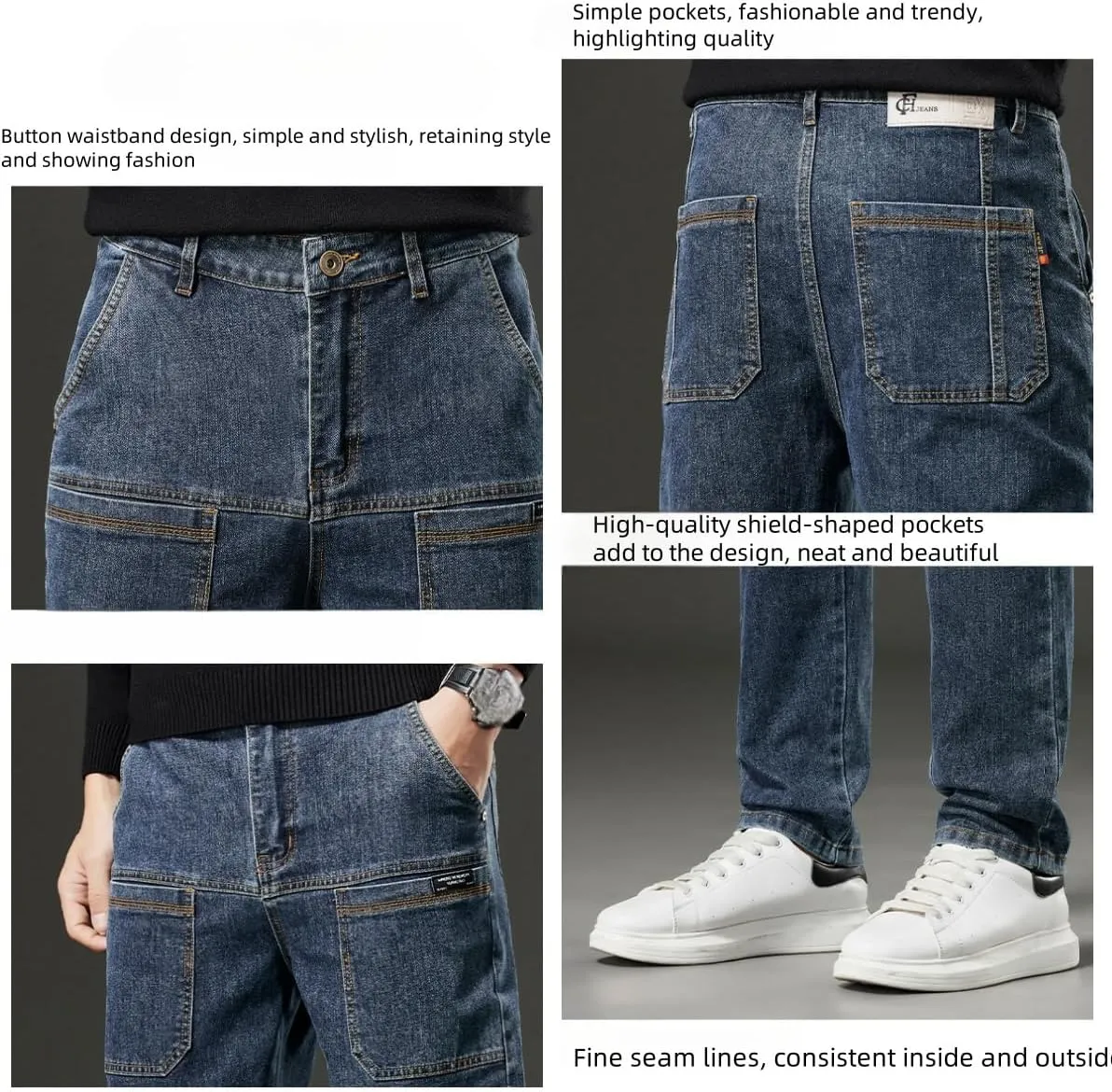 Mecutie Jeans, Mecutie Jeans Men, Men's Relaxed Fit Cargo Jeans Denim Cargo Pants, Comfortable Multi-Pocket Cargo Jeans