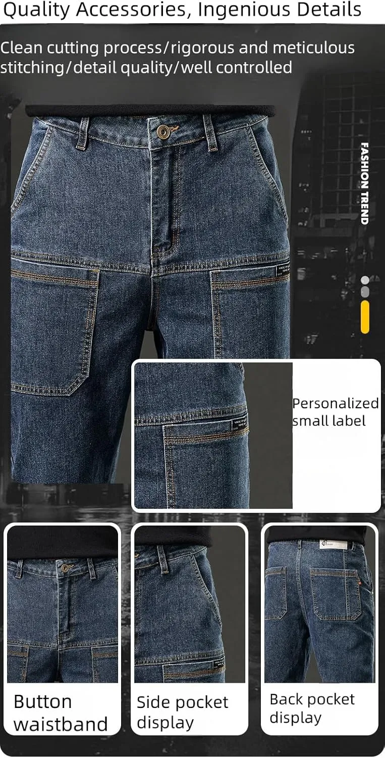 Mecutie Jeans, Mecutie Jeans Men, Men's Relaxed Fit Cargo Jeans Denim Cargo Pants, Comfortable Multi-Pocket Cargo Jeans