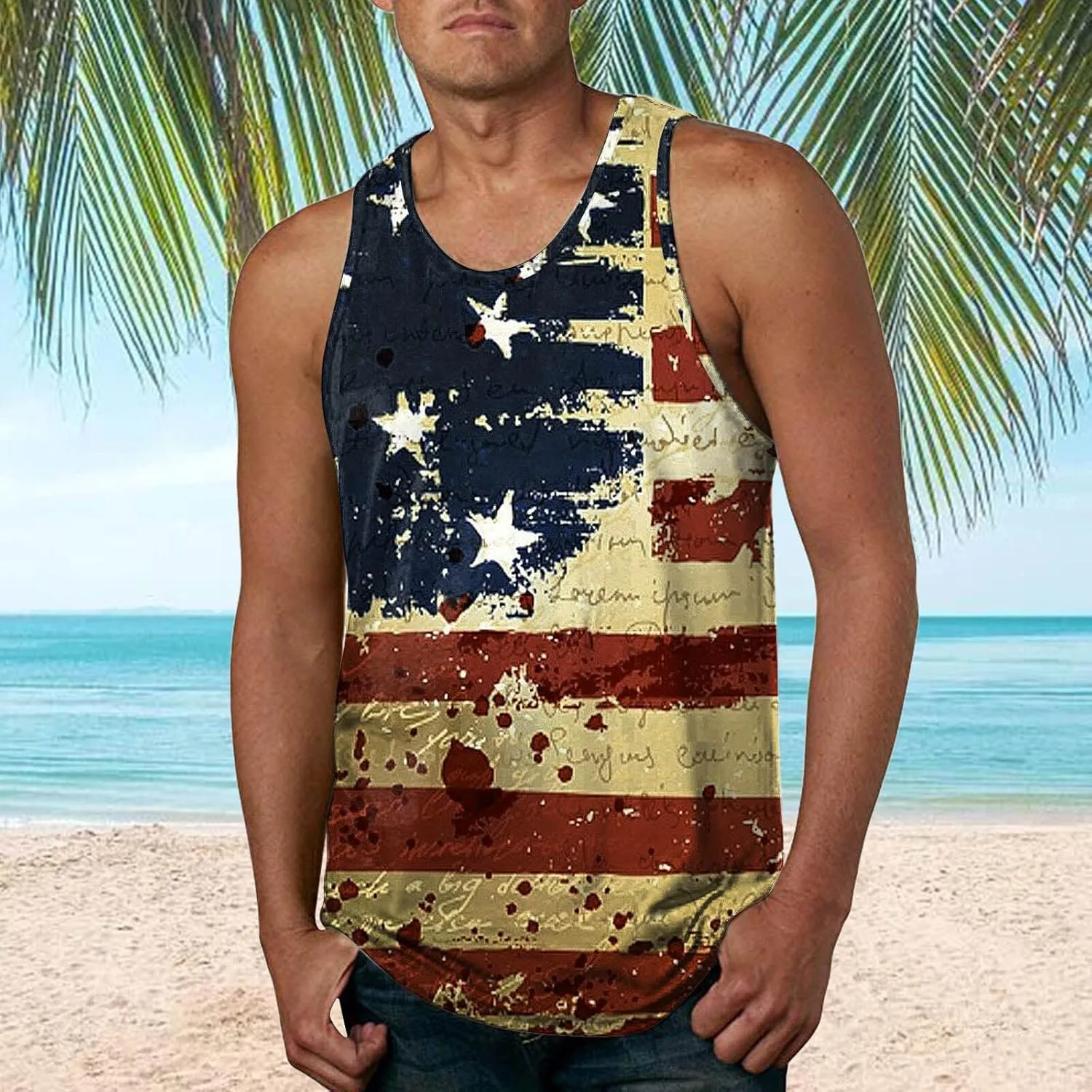 Men's American Flag Tank Tops Spring Casual Tank Crewneck Flag Blouse Men Tops Men's Tank Tops Summer 3D Graphic