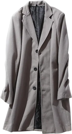 Mens Button Wool Blend Overcoat Jacket Lapel Solid Color Long Sleeve Warm Mid Length Coat Fashion Elegant Coat