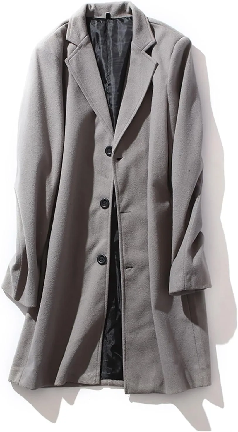 Mens Button Wool Blend Overcoat Jacket Lapel Solid Color Long Sleeve Warm Mid Length Coat Fashion Elegant Coat