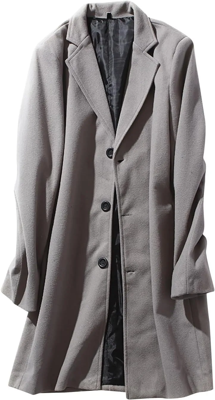 Mens Button Wool Blend Overcoat Jacket Lapel Solid Color Long Sleeve Warm Mid Length Coat Fashion Elegant Coat