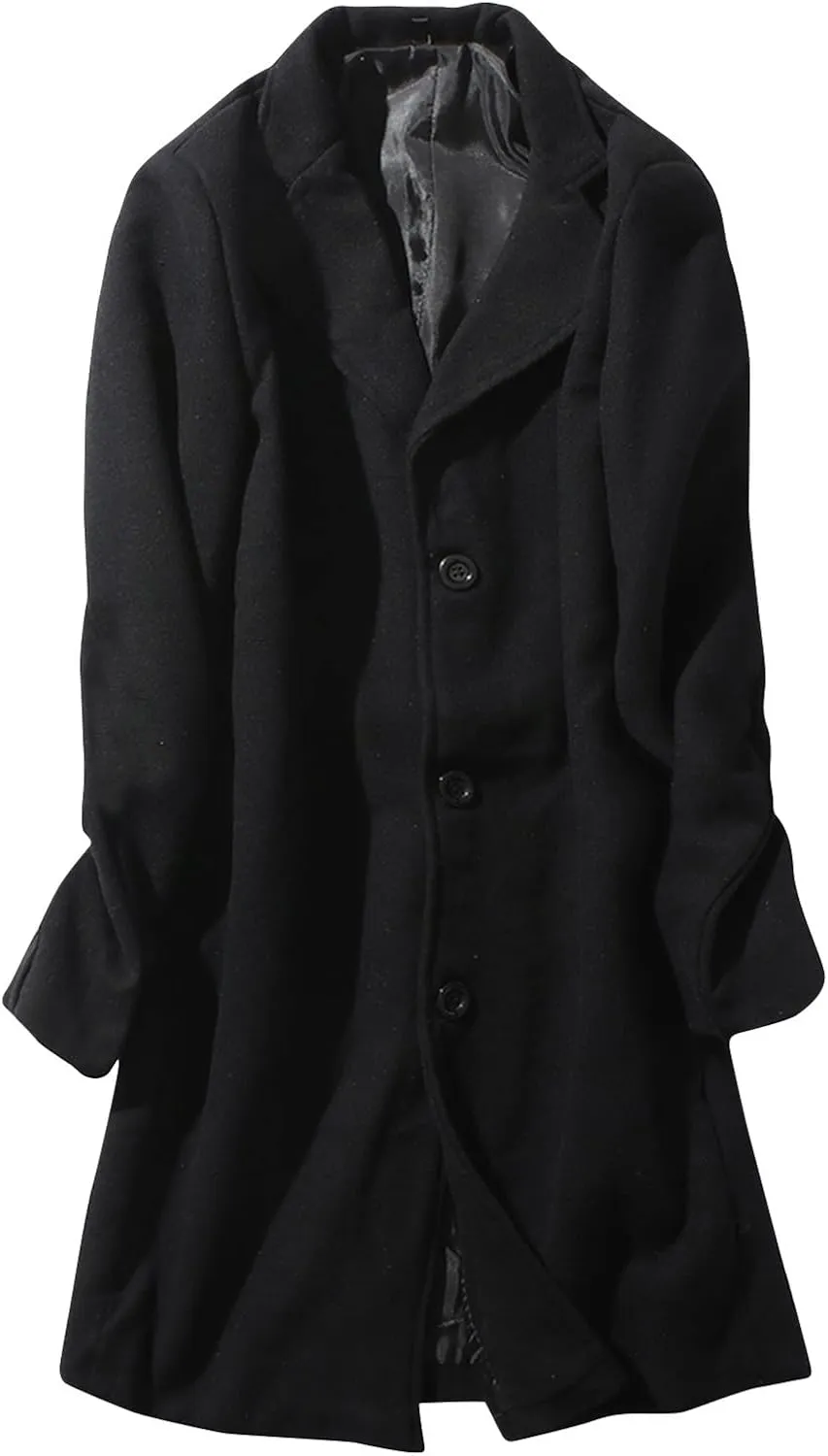Mens Button Wool Blend Overcoat Jacket Lapel Solid Color Long Sleeve Warm Mid Length Coat Fashion Elegant Coat
