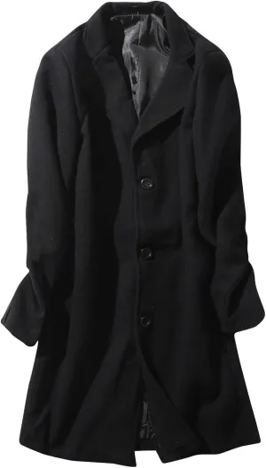 Mens Button Wool Blend Overcoat Jacket Lapel Solid Color Long Sleeve Warm Mid Length Coat Fashion Elegant Coat