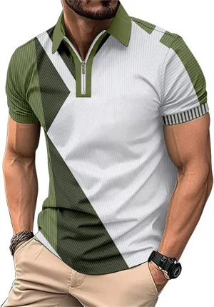 Men's Casual Classic Striped Short Sleeve Polo Shirts, Slim Fit, Quarter Buttons, V Neck Lapel, for Outings Wear