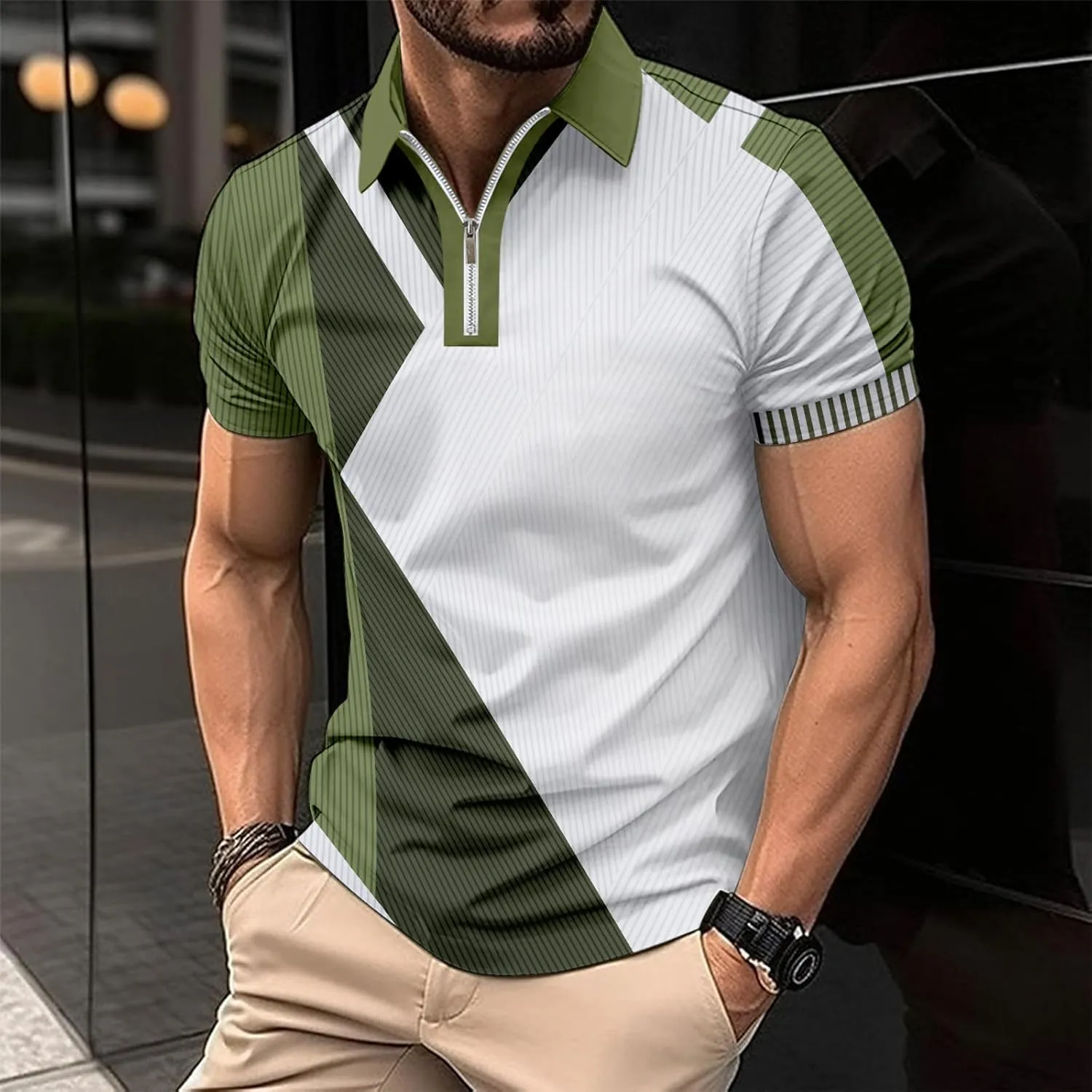 Men's Casual Classic Striped Short Sleeve Polo Shirts, Slim Fit, Quarter Buttons, V Neck Lapel, for Outings Wear