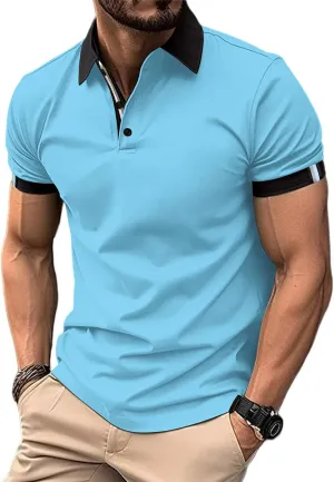 Mens Casual Polo Shirts, Classic Button Short Sleeve Cotton Shirt, Color Block Striped Slim Fit Golf Tennis Tops