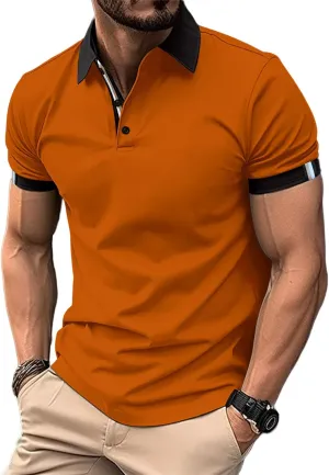 Mens Casual Polo Shirts, Classic Button Short Sleeve Cotton Shirt, Color Block Striped Slim Fit Golf Tennis Tops