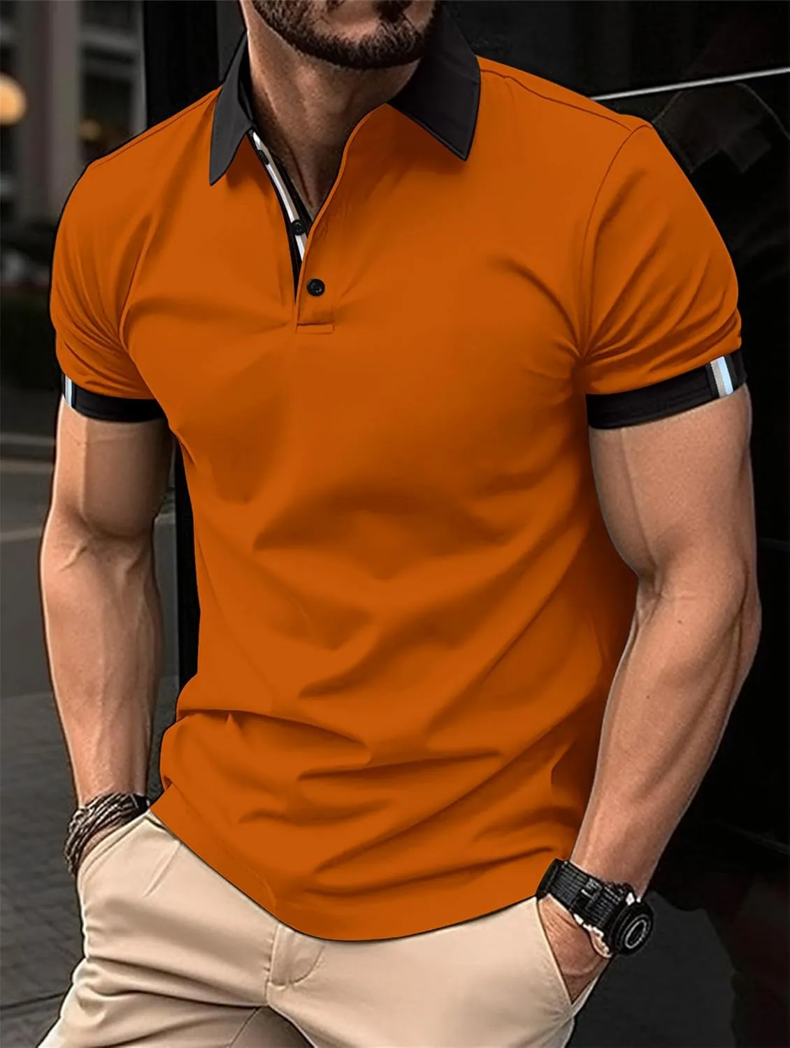 Mens Casual Polo Shirts, Classic Button Short Sleeve Cotton Shirt, Color Block Striped Slim Fit Golf Tennis Tops